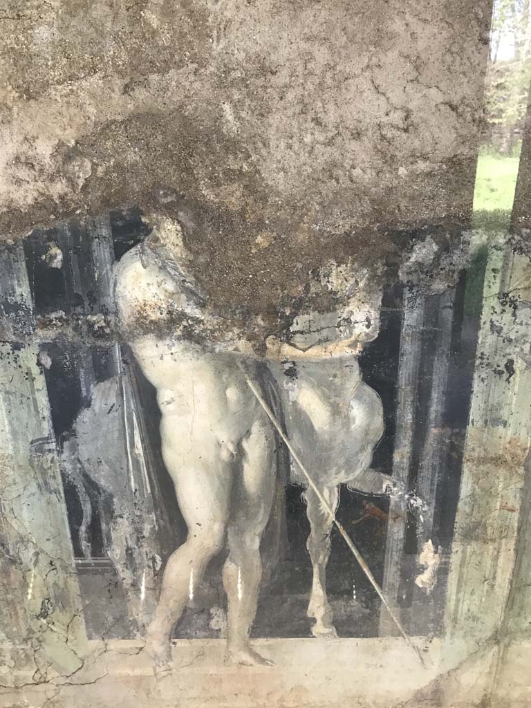 Complesso dei triclini in località Moregine a Pompei. April 2019. Triclinium B, west wall, painting of one of the Dioscuri.
Photo courtesy of Rick Bauer.