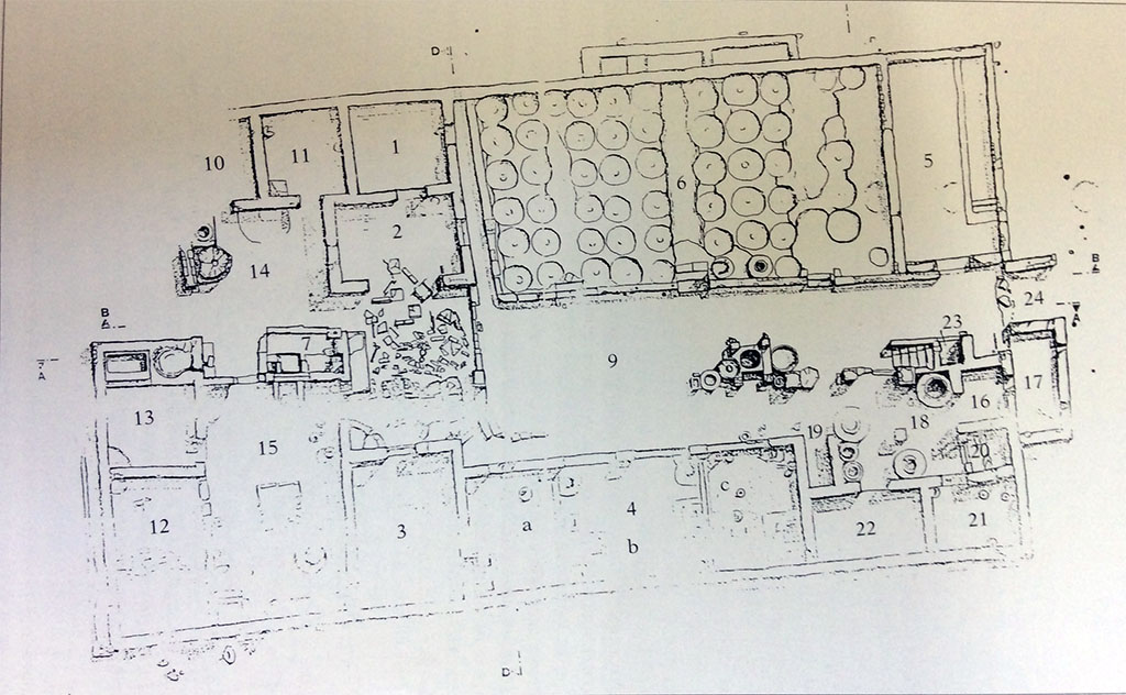 53. Scafati, Villa Rustica in Fondo Prete. Villa N. Popidi Narcissi Maioris. Plan.
La villa già nel 1932 era stata identificata e poi parzialmente scavata da Matteo Della Corte nel 1934.
Nel 1992, nei pressi di via Torino, nel fondo di proprietà Prete nel corso di normali controlli di sbancamenti per civili abitazioni, sono state rinvenute strutture pertinenti una villa rustica romana, seppellita dall'eruzione del Vesuvio nel 79 d.C.
Domus quasi interamente scavata. La maggior parte degli ambienti, conservatisi per un'altezza massima di 2.67 m, si apre all'interno dell'abitazione, su un'ampia corte centrale, dal piano pavimentale in terra battuta.
Al centro della corte è una cisterna per l'approvvigionamento idrico, con pozzo di raccolta in opera incerta e pluteo di tufo emergente 0.55 m dal piano del cortile. La cisterna è inquadrata da 4 pilastrini in opus vittatum mixtum che dovevano sostenere o una copertura o delle assi lignee relative alla struttura per il sollevamento dell'acqua. La corte ha un'ampiezza di m 15 x 6 e si apre sul lato occidentale della cella vinaria (6) in cui erano situati i doli disposti in 10 filari di 6, di cui solo 3 sono stati rinvenuti in situ.
Nel settore S, di forma rettangolare 18 x 24, si aprivano una serie di ambienti abitativi e di servizio, il più importante dei quali è il triclinium con un piano pavimentale in cocciopesto ed un disegno a tessere di mosaico delimitante 40 riquadri. L'impianto termale è ridotto al solo calidarium, non lontano è il laconicum (14). Di questo settore fanno parte alcuni depositi per le derrate alimentari (1), per attrezzi agricoli (2).
Nel settore settentrionale sono i depositi per gli oggetti metallici (16) e la dispensa di oggetti di uso domestico (20). Il vano 19 era un silos per lo stoccaggio della farina. Non lontano da questo ambiente, nel vano 22 sono state rinvenute delle macine per i cereali. Del piano superiore non rimane traccia.
The villa had already been identified in 1932 and then partially excavated by Matteo Della Corte in 1934.
In 1992, near Via Torino, in the land owned by Prete, during normal excavation checks for civilian homes, structures pertaining to a Roman rustic villa were found, buried by the eruption of Vesuvius in 79 AD.
Domus almost entirely excavated. Most of the rooms, preserved to a maximum height of 2.67 m, open into the interior of the dwelling, onto a large central courtyard, with a beaten earth floor. In the centre of the courtyard is a cistern for water supply, with a collection well in opus incertum and tuff pluteus rising 0.55 m from the courtyard floor. The cistern is framed by 4 small pillars in opus vittatum mixtum that must have supported either a roof or wooden planks related to the structure for raising the water. The courtyard is 15 x 6 m wide and opens onto the western side of the cella vinaria (6) in which the doli were located in 10 rows of 6, of which only 3 were found in situ.
In the southern sector, rectangular in shape 18 x 24, there were a series of living and service rooms, the most important of which is the triclinium with a floor surface in cocciopesto and a mosaic tile design delimiting 40 squares. The thermal baths are reduced to just the calidarium; not far away is the laconicum (14). In this sector are storerooms for foodstuffs (1) and agricultural implements (2).
In the northern sector are the storerooms for metal objects (16) and the larder for household objects (20). Compartment 19 was a silo for storing flour. Not far from this room, grain millstones were found in compartment 22. No trace remains of the upper floor.
Vedi/See ICCD Scheda for villa