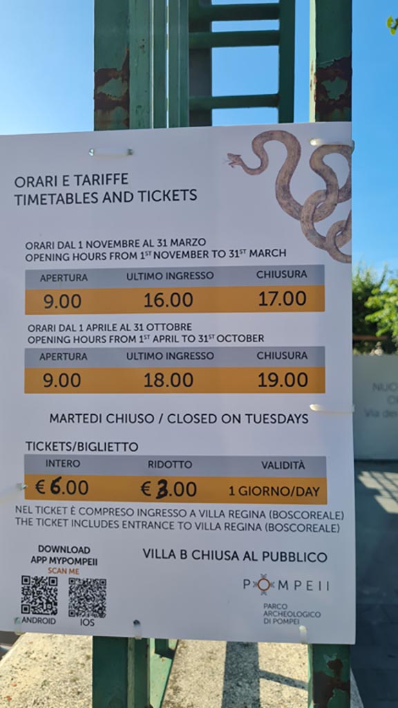 Oplontis Villa of Poppea, October 2023.
Tickets and timetable. Photo courtesy of Giuseppe Ciaramella.