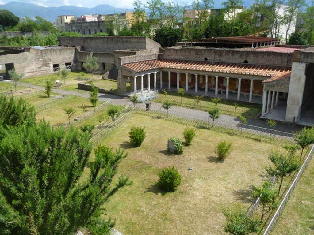 Oplontis, May 2011. Looking south-east across the north garden, now replanted.
In the upper left of the photo is the doorway through to room 69.
On the right, just in the photo, is the entrance to the large salon, room 21, which would have enjoyed fine views across the garden. Photo courtesy of Michael Binns.