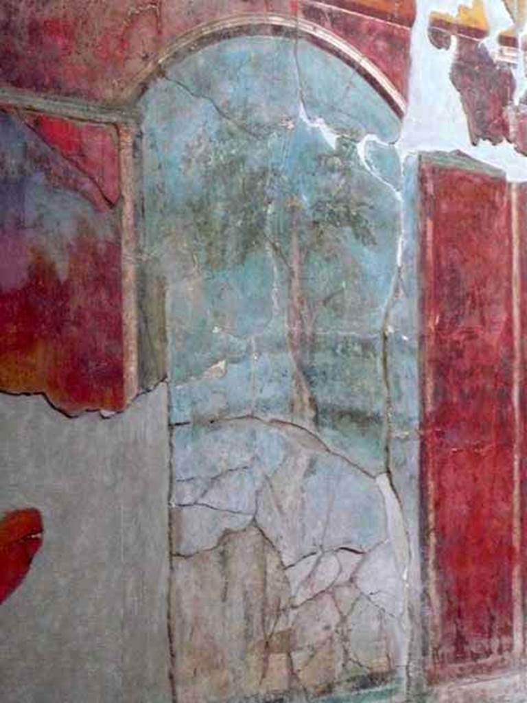 Oplontis, May 2011. Room 8, central painting of a sacred grove with a large tree growing around a column decorated with a yellow fillet. from north wall of caldarium. Photo courtesy of Buzz Ferebee.