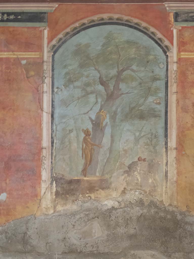 Oplontis Villa of Poppea, September 2017.
Room 8, wall painting of Hercules in the Garden of the Hesperides in recess on the east wall of the caldarium.
Foto Annette Haug, ERC Grant 681269 DÉCOR.