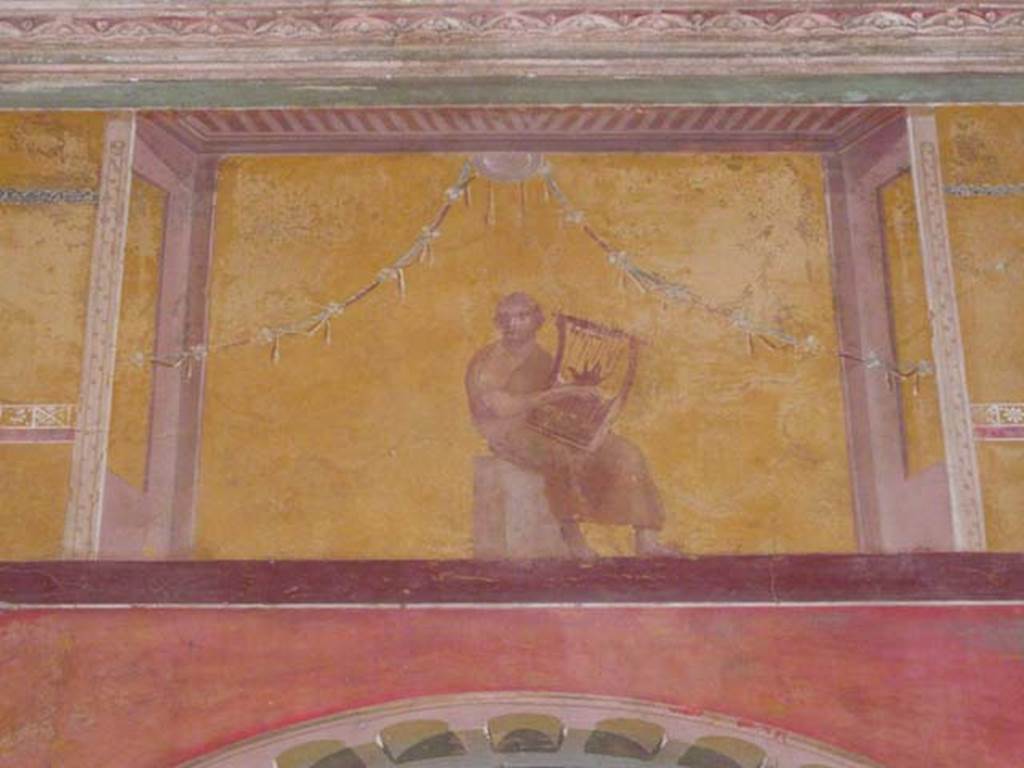 Oplontis, May 2011. Room 8, painted upper centre of east wall with painting of a poet playing the lyre. Photo courtesy of Buzz Ferebee.