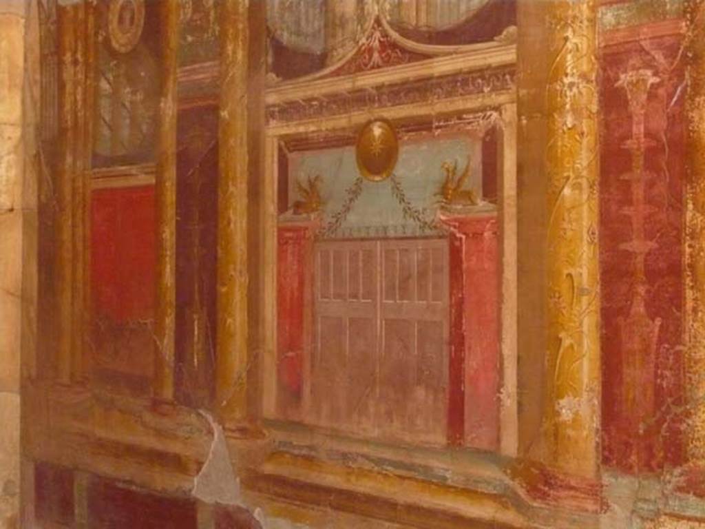 Oplontis, May 2011. Room 14, detail of central panel from east wall.  Photo courtesy of Buzz Ferebee. 

