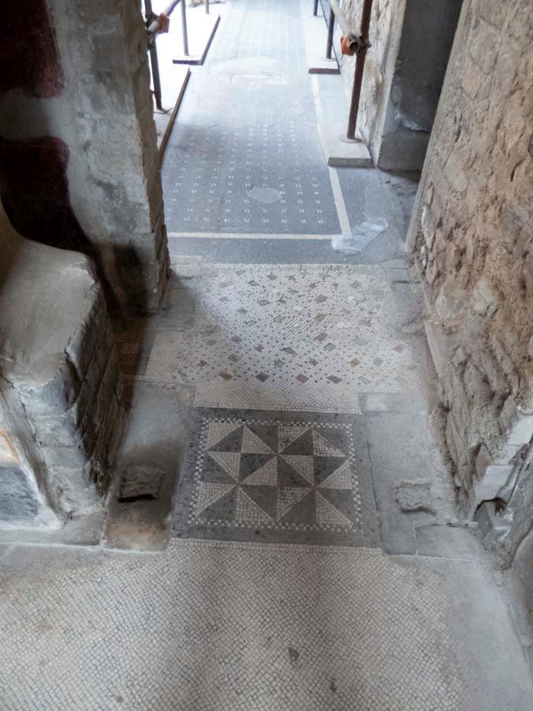 Oplontis Villa of Poppea, September 2017. 
Room 16, looking north from room 15 towards floor and mosaic doorway threshold in south-east corner.
Foto Annette Haug, ERC Grant 681269 DÉCOR.
