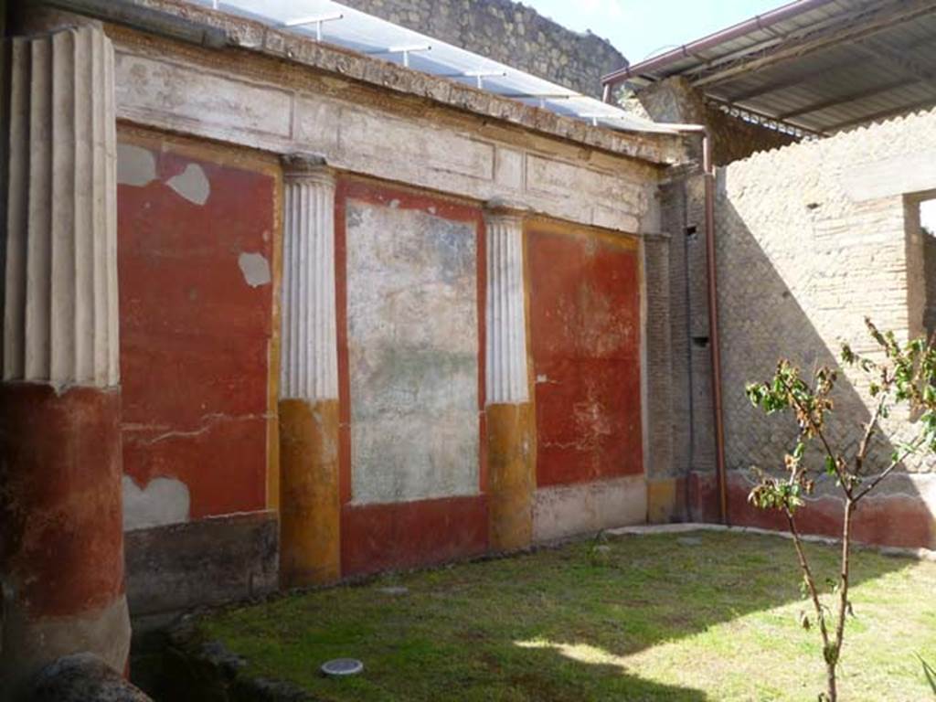 Oplontis, May 2011. Room 20, west wall of small courtyard garden. Looking towards north-west corner, and wall with window into room 21. Photo courtesy of Michael Binns.