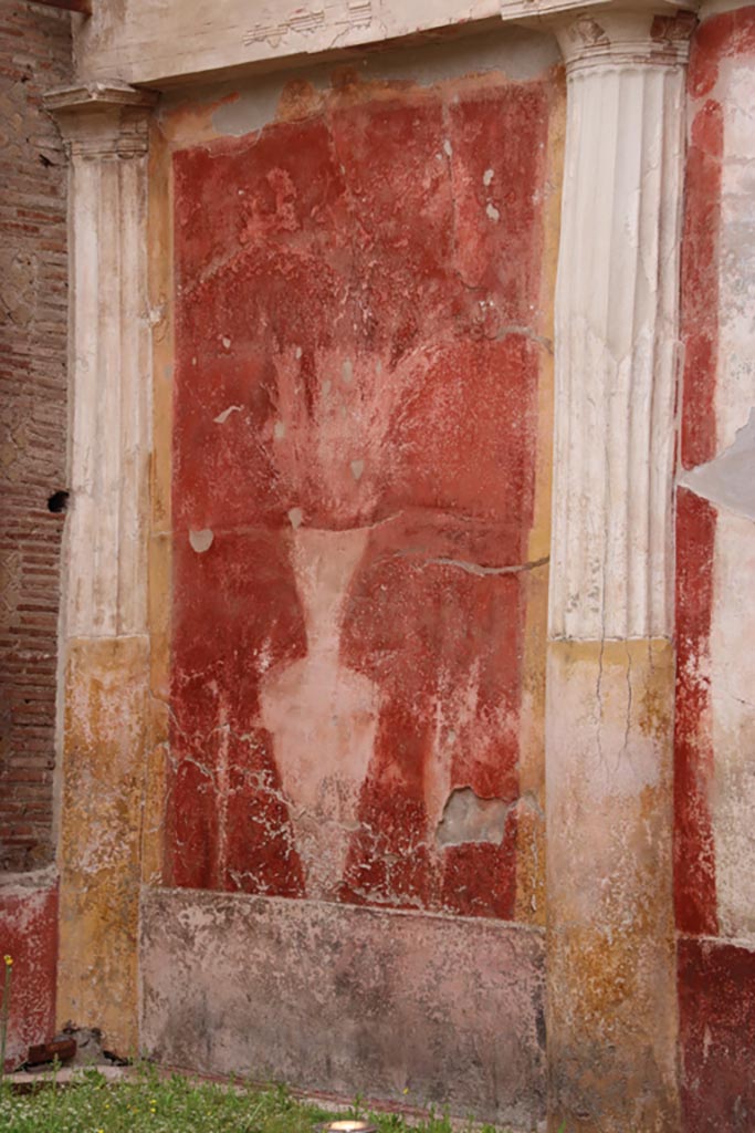 Oplontis Villa of Poppea, May 2024.
Room 20, detail from north end of east wall. Photo courtesy of Klaus Heese.
(Note: in the 1968, 1974 and 1977 photos above, this appeared to be a square fountain.)