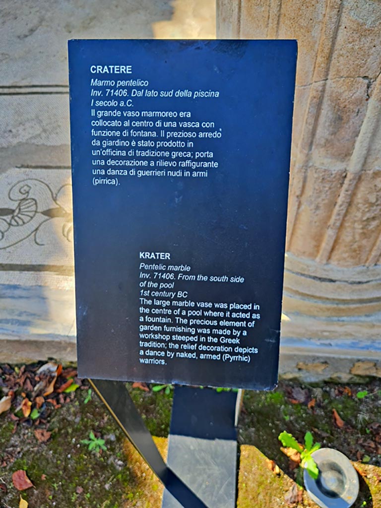 Oplontis Villa of Poppea, October 2023.
Room 21, description card for large Crater. Photo courtesy of Giuseppe Ciaramella.