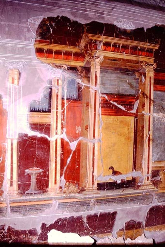 Oplontis, 1974. Room 23, painted side wall. At the top of the walls are the painted glass bowls, still being reconstructed. Photo by Stanley A. Jashemski.
Source: The Wilhelmina and Stanley A. Jashemski archive in the University of Maryland Library, Special Collections (See collection page) and made available under the Creative Commons Attribution-Non Commercial License v.4. See Licence and use details. J74f0654