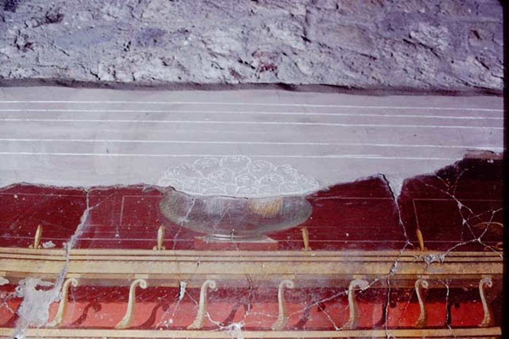 Oplontis, 1972 (or 1973). Room 23, part of glass fruit-dish filled with pomegranates, before restoration. Photo by Stanley A. Jashemski.
Source: The Wilhelmina and Stanley A. Jashemski archive in the University of Maryland Library, Special Collections (See collection page) and made available under the Creative Commons Attribution-Non Commercial License v.4. See Licence and use details. J72f0262
