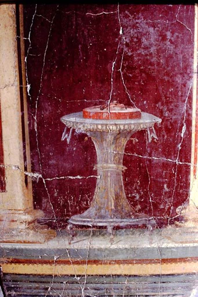 Oplontis, 1972 (or 1973). Room 23 painted table. Photo by Stanley A. Jashemski.
Source: The Wilhelmina and Stanley A. Jashemski archive in the University of Maryland Library, Special Collections (See collection page) and made available under the Creative Commons Attribution-Non Commercial License v.4. See Licence and use details. J72f0259