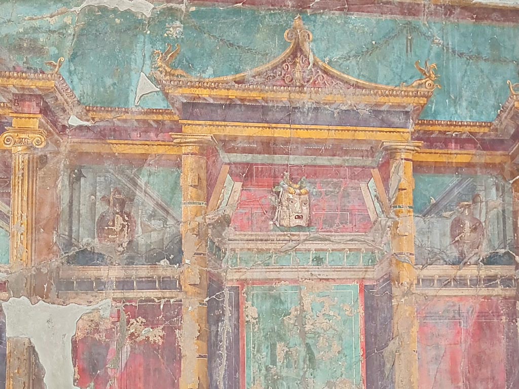 Oplontis Villa of Poppea, October 2023. Room 23, detail from centre of upper west wall. Photo courtesy of Giuseppe Ciaramella.