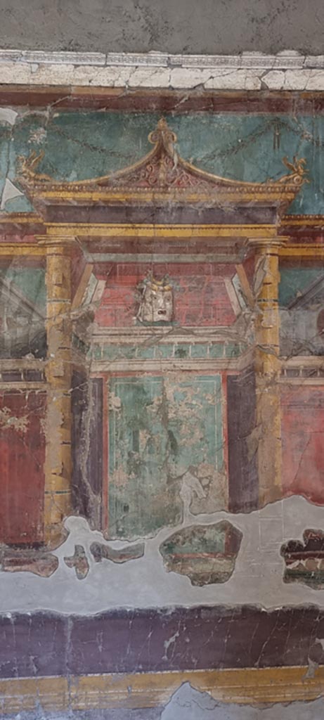 Oplontis Villa of Poppea, January 2023.
Room 23, detail from centre of west wall. Photo courtesy of Miriam Colomer