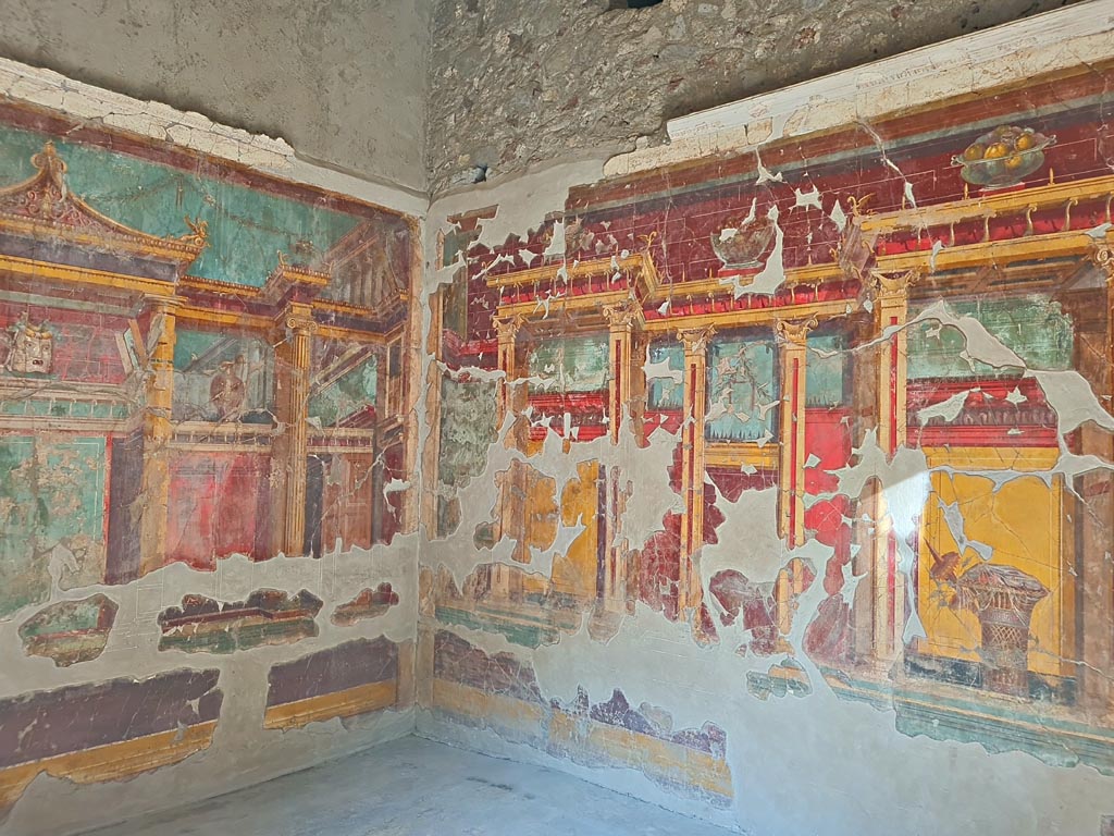Oplontis Villa of Poppea, October 2023.
Room 23, looking towards north-west corner and north wall, on right. Photo courtesy of Giuseppe Ciaramella.