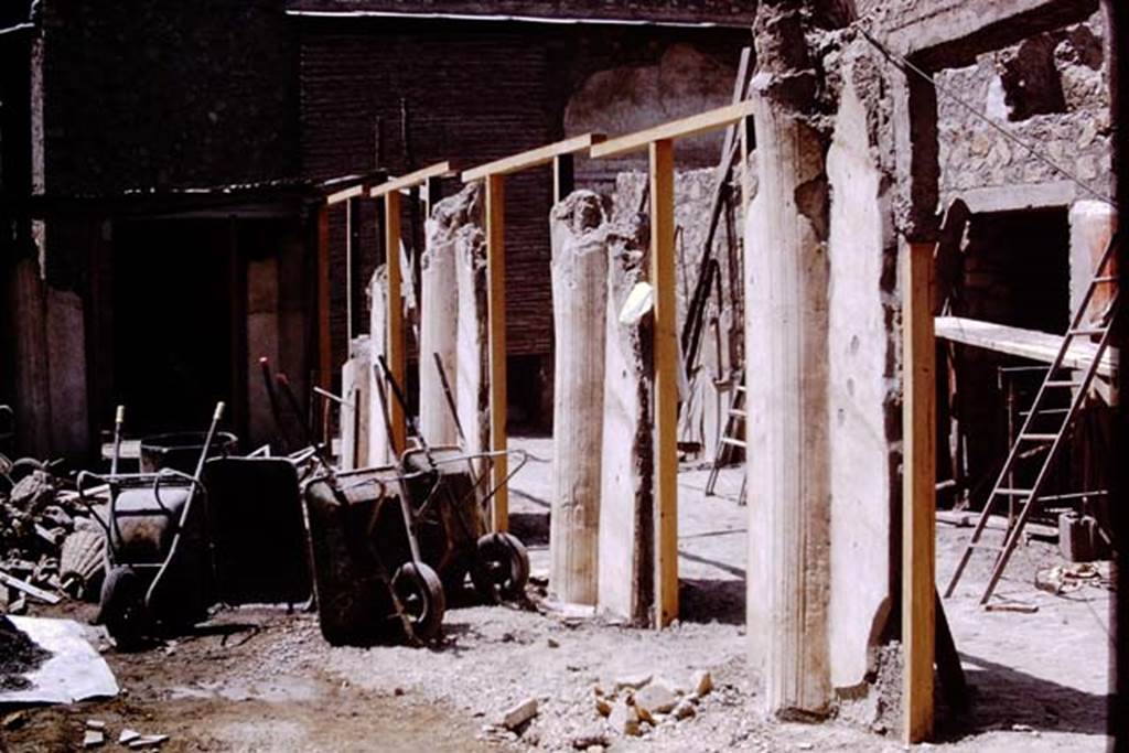 Oplontis, 1973. Looking west along south-west part of peristyle 59 with portico 24, on the right. Photo by Stanley A. Jashemski.
Source: The Wilhelmina and Stanley A. Jashemski archive in the University of Maryland Library, Special Collections (See collection page) and made available under the Creative Commons Attribution-Non Commercial License v.4. See Licence and use details. J73f0365