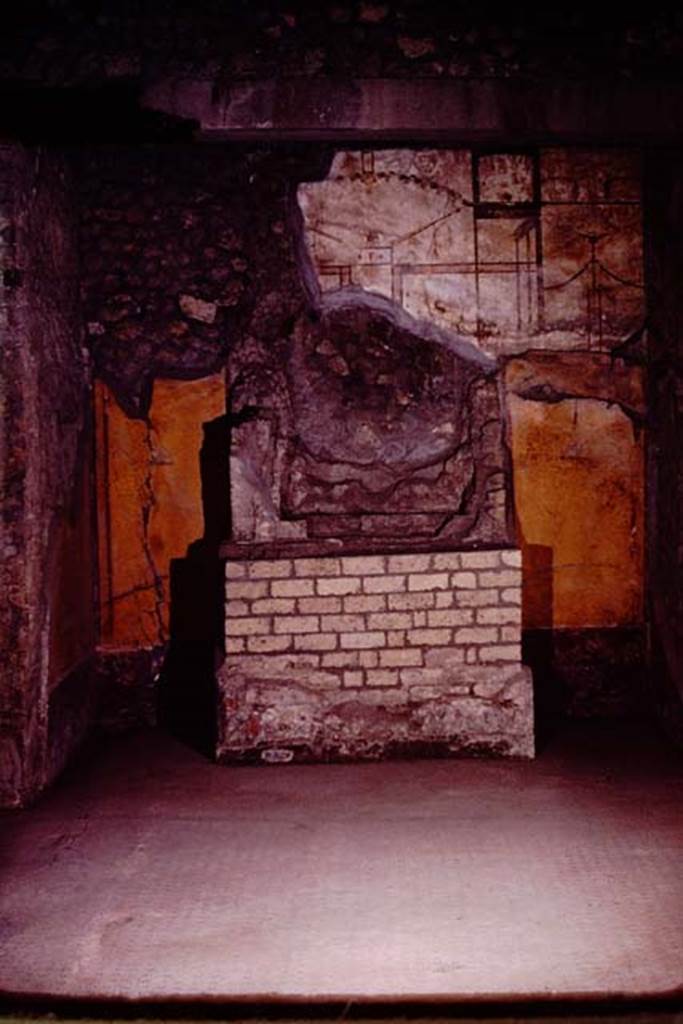 Oplontis, 1974. Room 27, lararium against the west wall. Photo by Stanley A. Jashemski.
Source: The Wilhelmina and Stanley A. Jashemski archive in the University of Maryland Library, Special Collections (See collection page) and made available under the Creative Commons Attribution-Non Commercial License v.4. See Licence and use details. J74f0663