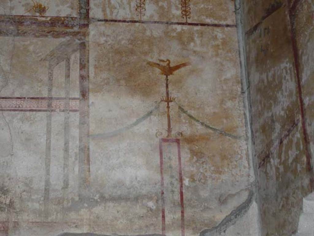 Oplontis, May 2010.Room 27, detail of painted west wall from behind the lararium. Photo courtesy of Buzz Ferebee.