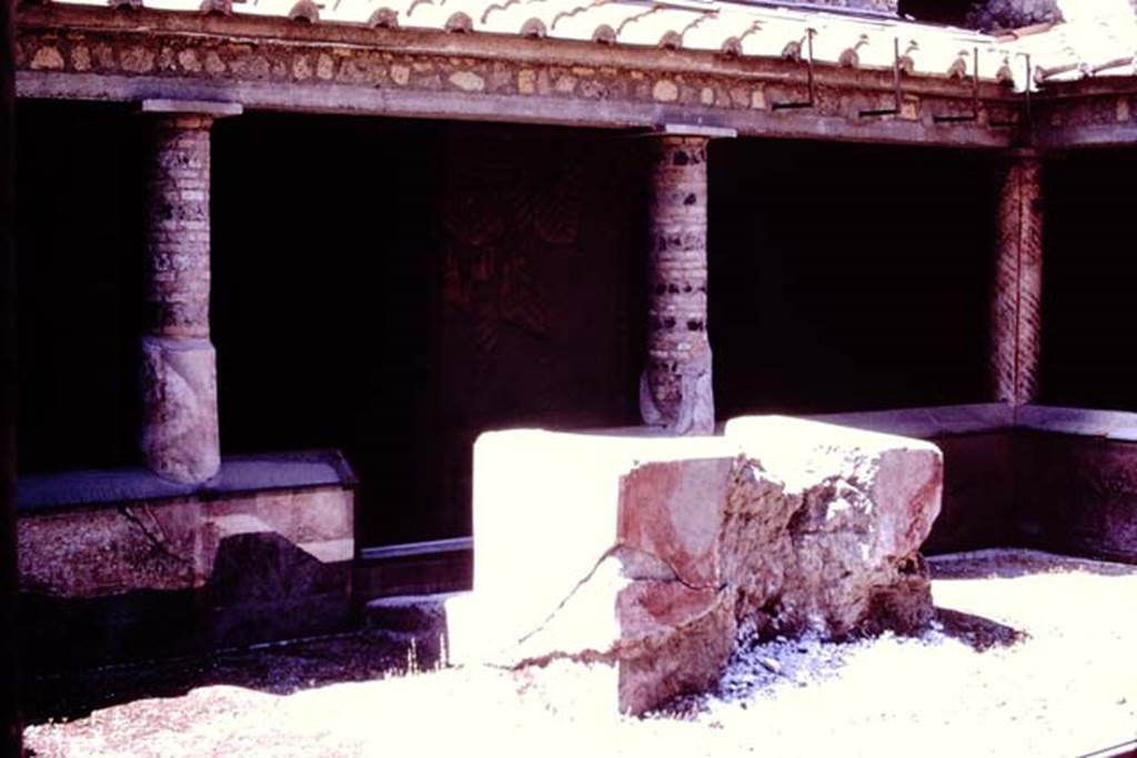 Oplontis, 1977. Room 32, the rustic peristyle, looking west. Photo by Stanley A. Jashemski.
Source: The Wilhelmina and Stanley A. Jashemski archive in the University of Maryland Library, Special Collections (See collection page) and made available under the Creative Commons Attribution-Non Commercial License v.4. See Licence and use details. J77f0359