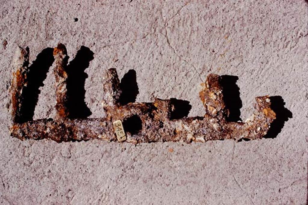 Oplontis, 1974. Rake found in rustic peristyle, room 32. Photo by Stanley A. Jashemski.
Source: The Wilhelmina and Stanley A. Jashemski archive in the University of Maryland Library, Special Collections (See collection page) and made available under the Creative Commons Attribution-Non Commercial License v.4. See Licence and use details. J74f0195