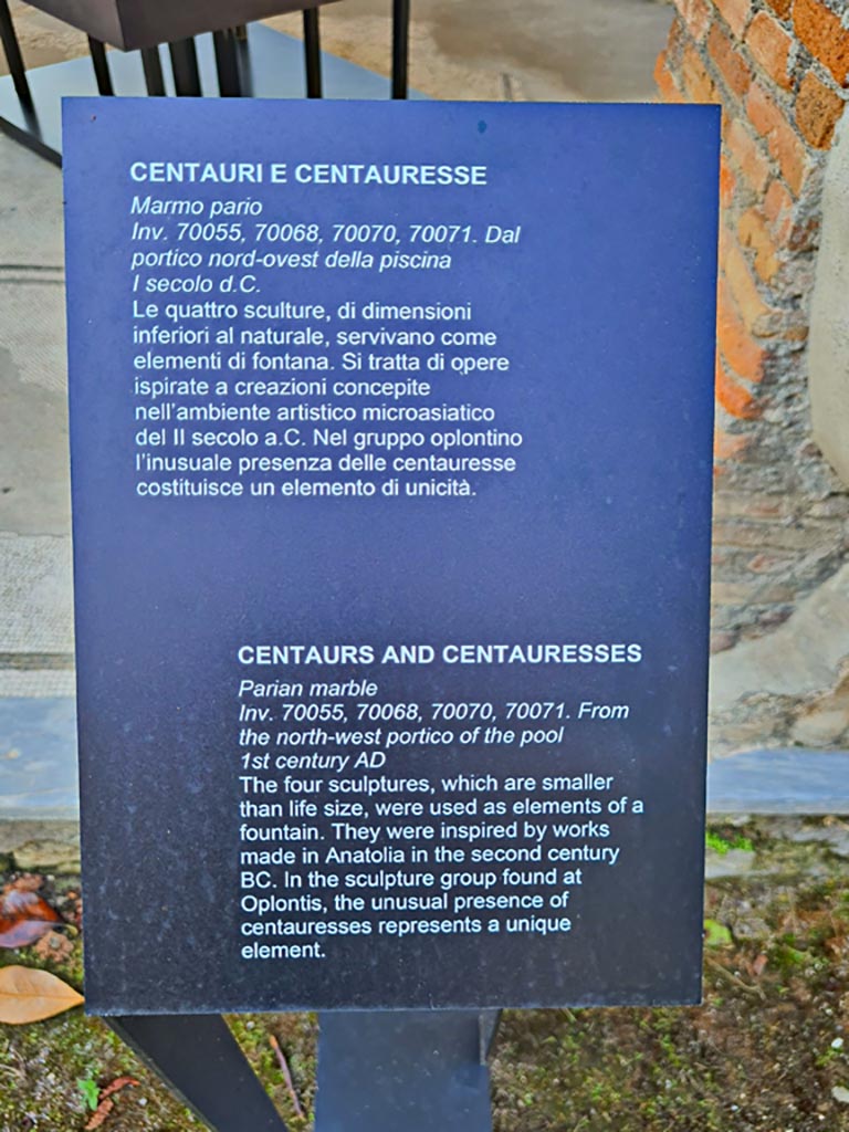 Oplontis Villa of Poppea, October 2023.
Portico 33, descriptive notice-board that says these Centaurs and Centauresses were from the north-west portico of the pool.
Photo courtesy of Giuseppe Ciaramella.