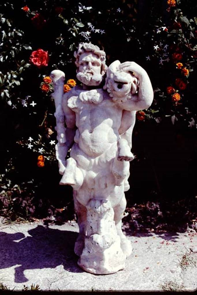 Oplontis, 1978. One of a group of four centaurs, a male holding a club with a small boar on his shoulder. Two centaur fountains had been on each side of the passageway. There was no evidence of pipes, so they had not been used as fountains in their final location. Photo by Stanley A. Jashemski.
Source: The Wilhelmina and Stanley A. Jashemski archive in the University of Maryland Library, Special Collections (See collection page) and made available under the Creative Commons Attribution-Non Commercial License v.4. See Licence and use details. J78f0478