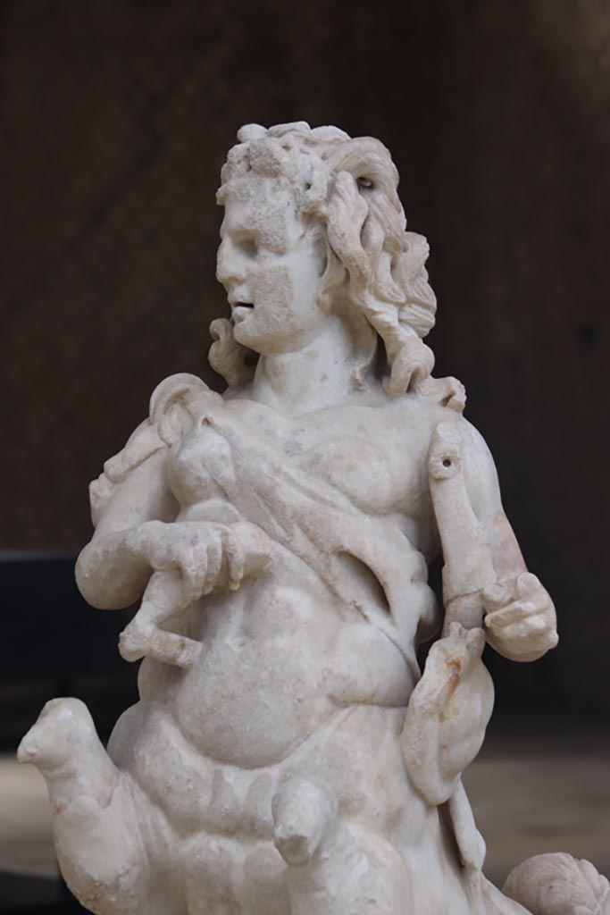 Villa of Poppaea, Oplontis, October 2023.
Detail of one of a group of four centaurs, a female holding a club and lyre, on display in Room 21.
Photo courtesy of Klaus Heese.