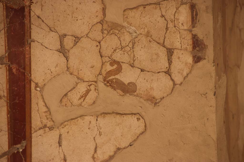 Oplontis Villa of Poppea, October2020. Room 41, detail of painted decoration from upper north wall of alcove, at east end.
Photo courtesy of Klaus Heese.