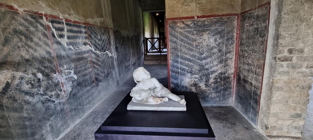 Oplontis Villa of Poppea, January 2023.
Corridor 63, looking west towards white marble statue of a young child with a goose, on display in corridor.
Photo courtesy of Miriam Colomer.
According to the PAP Oplontis Guidebook, it is believed that the small statue of a boy with a goose that was found in one of the porticoes overlooking the courtyard garden, used as a fountain, presumably would have been originally placed on the small fountain in the centre of this open space.
Guide to the Oplontis Excavation. 2018. Parco Archeologico di Pompei, p. 40.
