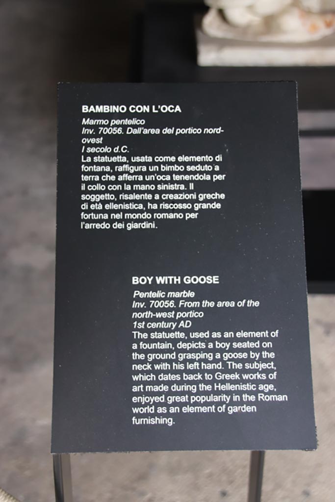 Villa of Poppaea, Oplontis, October 2023.
Corridor 63, description card for marble statuette, inv. 70056. Photo courtesy of Klaus Heese.