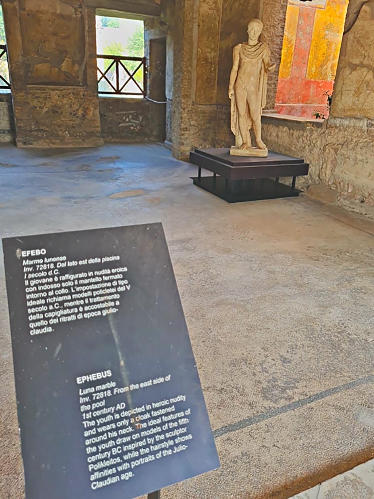 Oplontis Villa of Poppea, October 2023.
Room 65, looking towards north wall with marble statue of Ephebus on display here, near window into garden room 68.
Photo courtesy of Giuseppe Ciaramella.