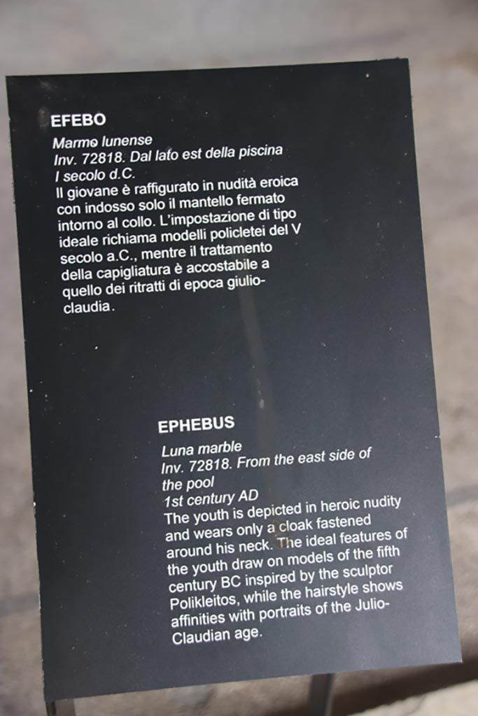 Villa of Poppaea, Oplontis, October 2023.
Room 65, description card for marble statue of Ephebus on display here, inv. 72818.
Photo courtesy of Klaus Heese.