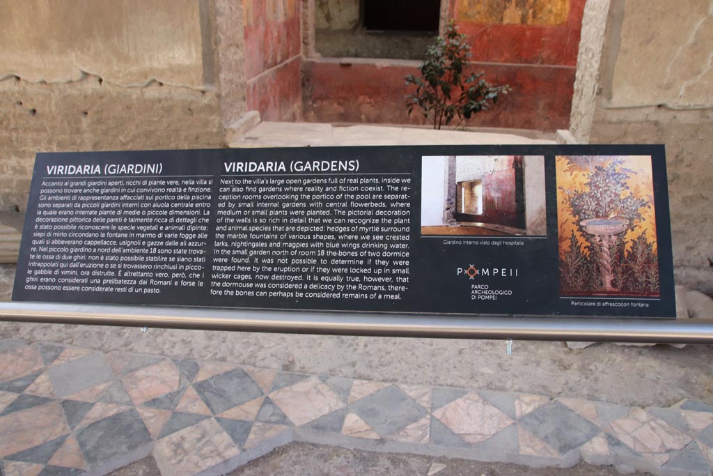 Oplontis Villa of Poppea, October 2022.
Room 69, south wall with window to room 68 and descriptive noticeboard. Photo courtesy of Klaus Heese.