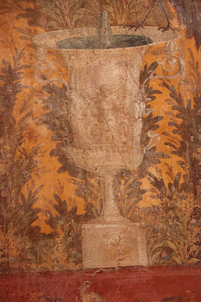 Oplontis Villa of Poppea, October 2020.
Room 70, detail of fountain in urn on north wall in north-west corner. Photo courtesy of Klaus Heese.