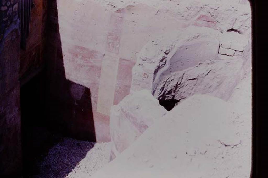 Oplontis, 1977. Room 87, on left and room 89 on right. Looking towards west wall.
The semi-circular window can be seen on the right. Photo by Stanley A. Jashemski.
Source: The Wilhelmina and Stanley A. Jashemski archive in the University of Maryland Library, Special Collections (See collection page) and made available under the Creative Commons Attribution-Non Commercial License v.4. See Licence and use details. J77f0554