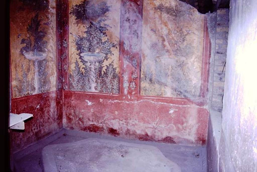 Oplontis, 1983 or 1984. Room 87, looking north-east. The panel on the left is from the north wall, the two panels on the right, are on the east wall.
Source: The Wilhelmina and Stanley A. Jashemski archive in the University of Maryland Library, Special Collections (See collection page) and made available under the Creative Commons Attribution-Non Commercial License v.4. See Licence and use details. Oplo0058