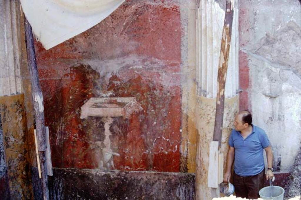 Oplontis, 1968. Room 20, wall painting from north-east corner, of bird on a square fountain. Photo by Stanley A. Jashemski.
Source: The Wilhelmina and Stanley A. Jashemski archive in the University of Maryland Library, Special Collections (See collection page) and made available under the Creative Commons Attribution-Non Commercial License v.4. See Licence and use details. J68f1445