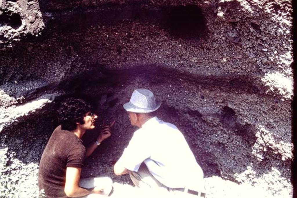 Oplontis, 1973. Discussions on the lapilli. Photo by Stanley A. Jashemski.
Source: The Wilhelmina and Stanley A. Jashemski archive in the University of Maryland Library, Special Collections (See collection page) and made available under the Creative Commons Attribution-Non Commercial License v.4. See Licence and use details. J73f0376