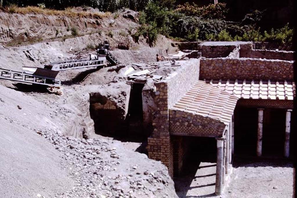 Oplontis, 1973. Looking south towards unexcavated, on east side of portico 34 (13).
Photo by Stanley A. Jashemski. The room on its east side, Room 54 (nn) is just coming out into the light
Source: The Wilhelmina and Stanley A. Jashemski archive in the University of Maryland Library, Special Collections (See collection page) and made available under the Creative Commons Attribution-Non Commercial License v.4. See Licence and use details. J73f0385