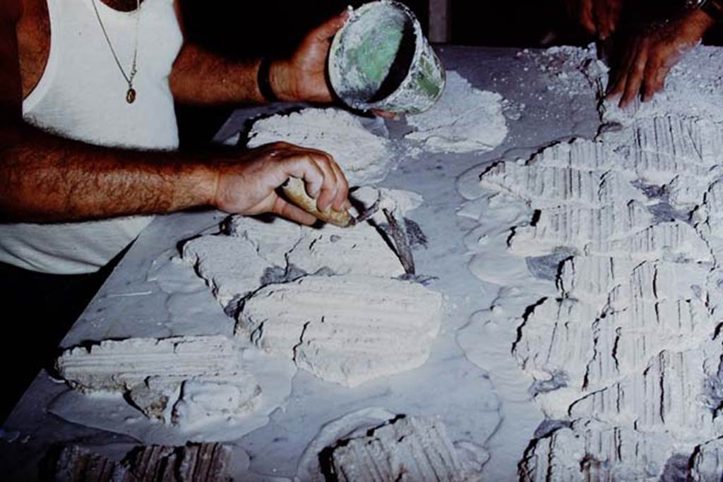 Oplontis Villa of Poppea, 1975 or 1974. Restoration in progress. Photo by Stanley A. Jashemski.
Source: The Wilhelmina and Stanley A. Jashemski archive in the University of Maryland Library, Special Collections (See collection page) and made available under the Creative Commons Attribution-Non Commercial License v.4. See Licence and use details. J74f0878