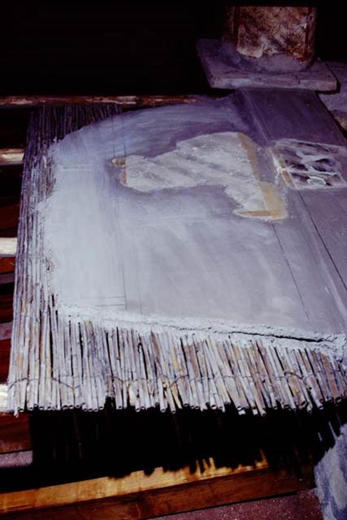 Oplontis Villa of Poppea, 1975 or 1974. Fallen plaster re-attached to panels of tied reeds. Photo by Stanley A. Jashemski.
Source: The Wilhelmina and Stanley A. Jashemski archive in the University of Maryland Library, Special Collections (See collection page) and made available under the Creative Commons Attribution-Non Commercial License v.4. See Licence and use details. J74f0886