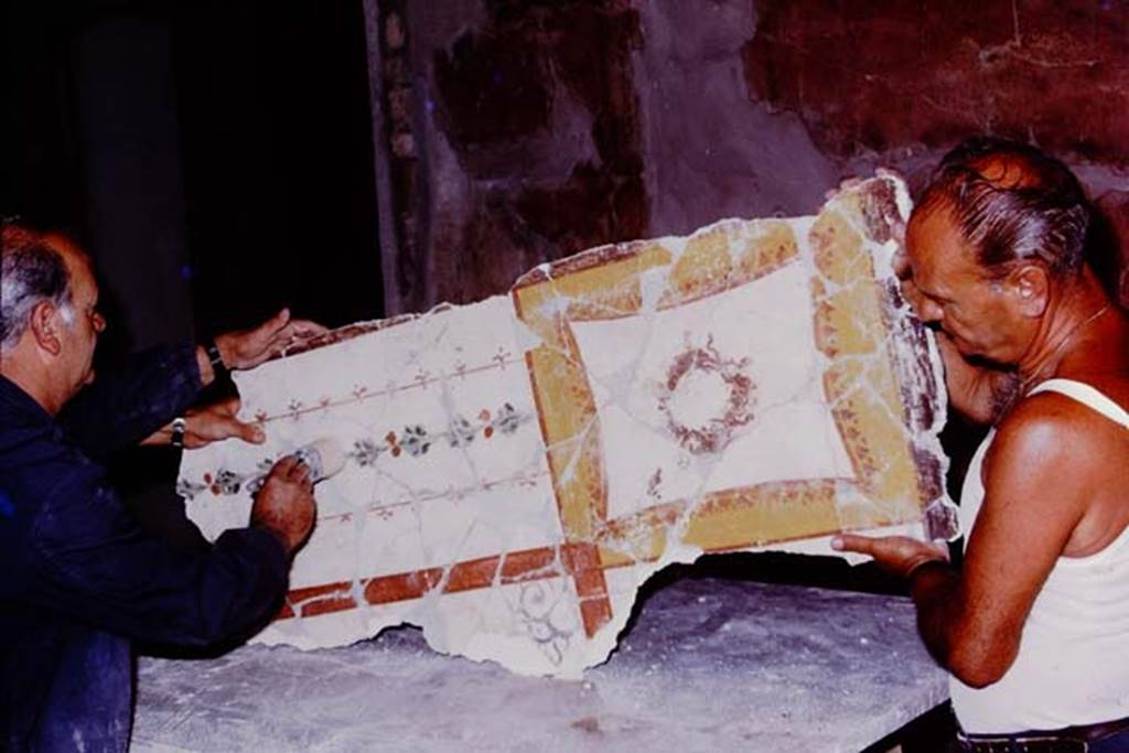 Oplontis, 1975. Completed fragment of painted plaster, with design intact. Photo by Stanley A. Jashemski.
Source: The Wilhelmina and Stanley A. Jashemski archive in the University of Maryland Library, Special Collections (See collection page) and made available under the Creative Commons Attribution-Non Commercial License v.4. See Licence and use details. J75f0111