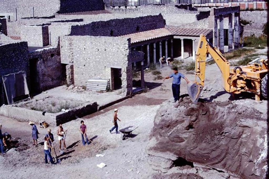 Oplontis, 1975. Looking south-west across the north garden, whilst an area was being dug-out. Photo by Stanley A. Jashemski.
Source: The Wilhelmina and Stanley A. Jashemski archive in the University of Maryland Library, Special Collections (See collection page) and made available under the Creative Commons Attribution-Non Commercial License v.4. See Licence and use details. J75f0020