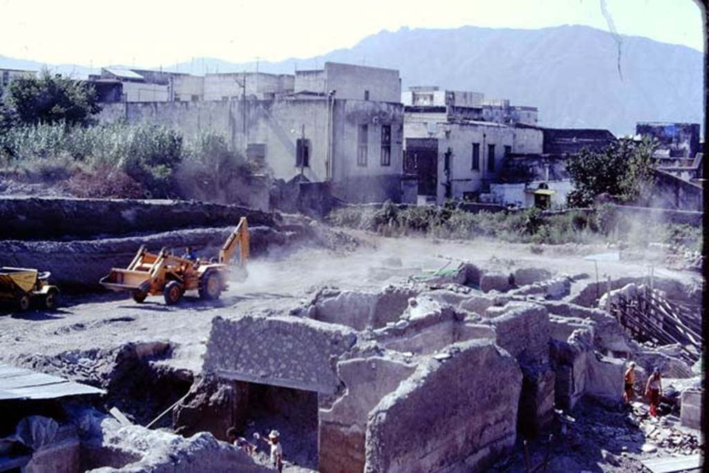 Oplontis, 1975. Looking south-east towards area of swimming pool, across doorway into room 69, lower left of centre, towards doorway into room 68. On the lower right are two doorways into room 64, and the south-east peristyle, area 59, can be seen on the right. . Photo by Stanley A. Jashemski.
Source: The Wilhelmina and Stanley A. Jashemski archive in the University of Maryland Library, Special Collections (See collection page) and made available under the Creative Commons Attribution-Non Commercial License v.4. See Licence and use details. J75f0022