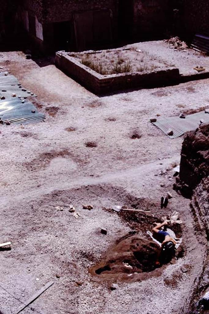 Oplontis, 1975. Looking south above root cavity, towards area of room 58 and other cavities covered with corrugated sheeting. Photo by Stanley A. Jashemski.
Source: The Wilhelmina and Stanley A. Jashemski archive in the University of Maryland Library, Special Collections (See collection page) and made available under the Creative Commons Attribution-Non Commercial License v.4. See Licence and use details. J75f0099