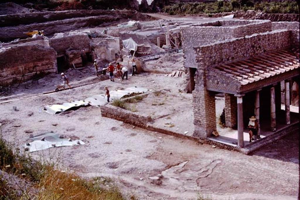 Oplontis, 1975. Looking south-east across north garden towards area of room 58.
Wilhelmina can be seen sitting in the shade of the east portico, room 34, on the right. Photo by Stanley A. Jashemski.
Source: The Wilhelmina and Stanley A. Jashemski archive in the University of Maryland Library, Special Collections (See collection page) and made available under the Creative Commons Attribution-Non Commercial License v.4. See Licence and use details. J75f0108
