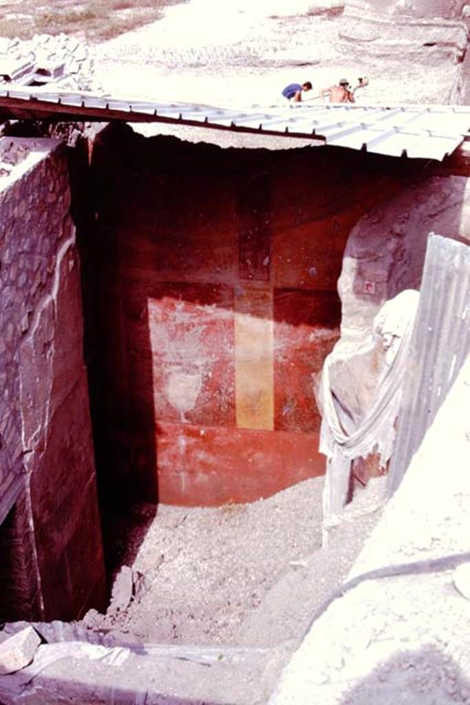 Oplontis, 1977.Looking down into room 78, during reconsolidation. Photo by Stanley A. Jashemski.
Source: The Wilhelmina and Stanley A. Jashemski archive in the University of Maryland Library, Special Collections (See collection page) and made available under the Creative Commons Attribution-Non Commercial License v.4. See Licence and use details. J77f0134