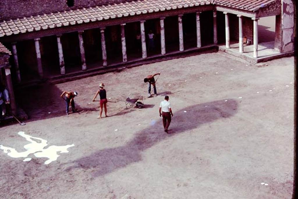 Oplontis, 1977. Looking south across north garden, towards east portico 34.
The line of white painted root cavities border the east-west path along the rear of the villa. Photo by Stanley A. Jashemski.
Source: The Wilhelmina and Stanley A. Jashemski archive in the University of Maryland Library, Special Collections (See collection page) and made available under the Creative Commons Attribution-Non Commercial License v.4. See Licence and use details. J77f0295