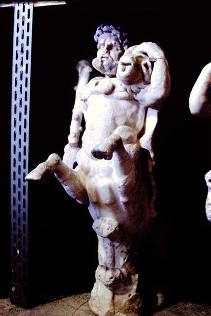 Oplontis Villa of Poppea, 1977. One of a group of four centaurs, a male holding a club with a small boar on his shoulder.
Two centaur fountains had been on each side of the passageway.
There was no evidence of pipes, so they had not been used as fountains in their final location.
Photo by Stanley A. Jashemski.
SAP inventory number 70068.
Source: The Wilhelmina and Stanley A. Jashemski archive in the University of Maryland Library, Special Collections (See collection page) and made available under the Creative Commons Attribution-Non Commercial License v.4. See Licence and use details.
J77f0340
According to De Caro, a group of four centaurs were found under portico 33 on 17th February 1970.
When they were found, they were very badly damaged. Heads and limbs were mostly detached and it was necessary to provide patient and pain-staking work of re-composition.
See De Caro, S.1976. Sculture dalla villa “di Poppea” in Oplontis (p.198) in Cronache Pompeiane, II, 1976, (p.184-225)