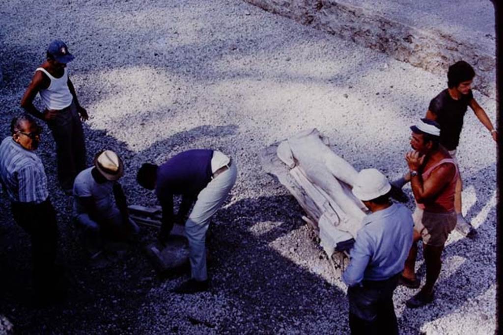 Oplontis 1978. Area 92, marble statue of the ephebos laying on the lapilli at the side of the swimming pool.
Photo by Stanley A. Jashemski.
Source: The Wilhelmina and Stanley A. Jashemski archive in the University of Maryland Library, Special Collections (See collection page) and made available under the Creative Commons Attribution-Non Commercial License v.4. See Licence and use details.
J78f0044