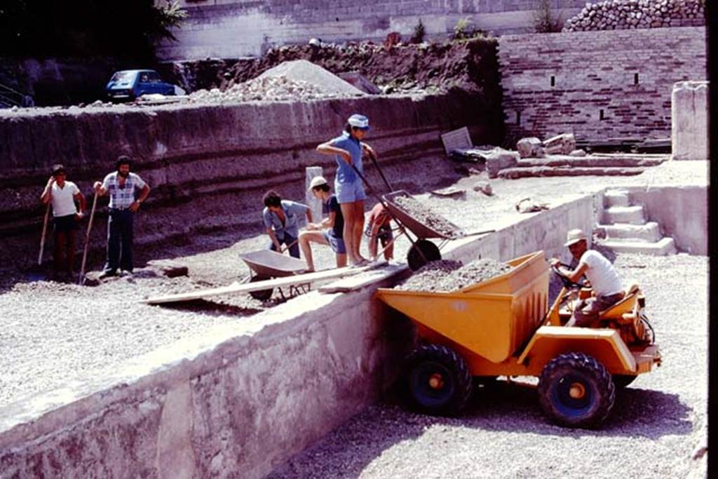 Oplontis, 1978. Area 92, looking south along east side of pool. The Scavi workmen had removed much of the lapilli, now the remaining was carefully being removed.
Photo by Stanley A. Jashemski.
Source: The Wilhelmina and Stanley A. Jashemski archive in the University of Maryland Library, Special Collections (See collection page) and made available under the Creative Commons Attribution-Non Commercial License v.4. See Licence and use details. J78f0251
According to Wilhelmina, “during this summer we did our first excavating in the south part of the area on the east side of the large swimming pool. It was here they had found the statues of the ephebos, Nike and Hercules which were displayed on their bases. Five other statue bases were found, but without statues”.
See Jashemski, W.F., 2014. Discovering the Gardens of Pompeii: Memoirs of a Garden Archaeologist, (p.265).